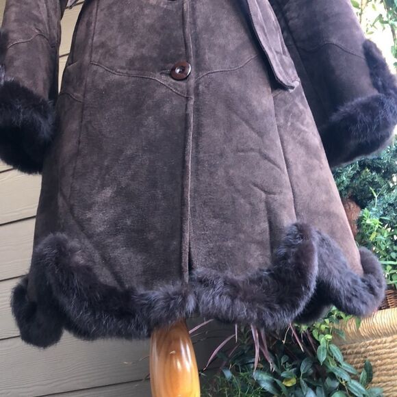 Vintage British Knoles & Carter Chocolate Suede, Fur Trim/Collar Faux Fur Lining - Picture 6 of 15